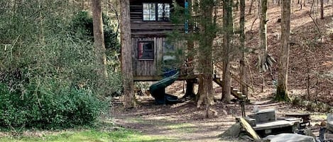 A rustic cabin with a slide, surrounded by trees and a grassy area.