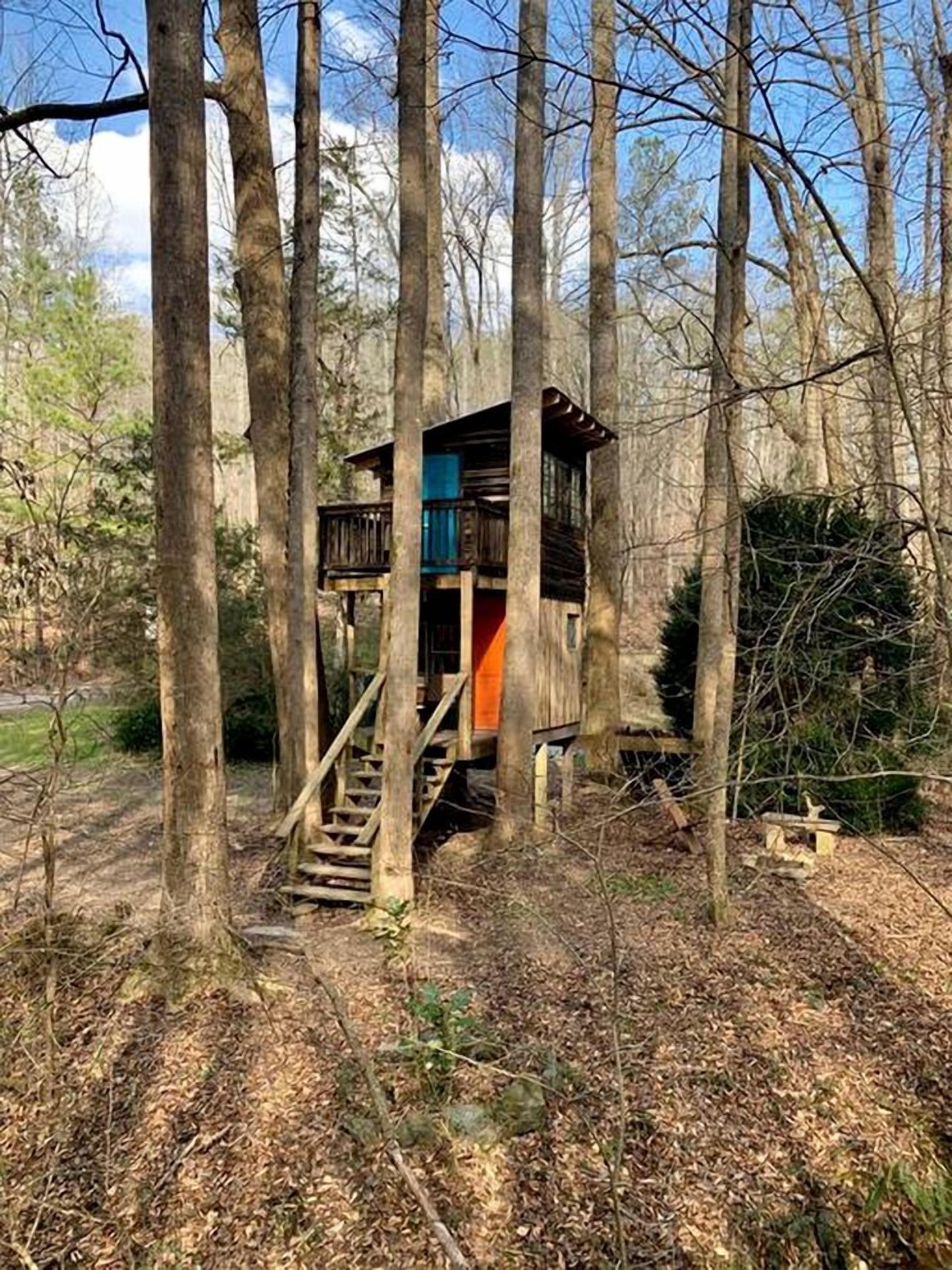 Une cabane dans les arbres, accessible par un escalier en bois menant à une plateforme dotée d’une rambarde.
