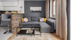 Apartamento luxo, 2 quartos, vista para o pátio | Área de estar | TV 30 polegadas com canais via satélite, Netflix, serviços de streaming