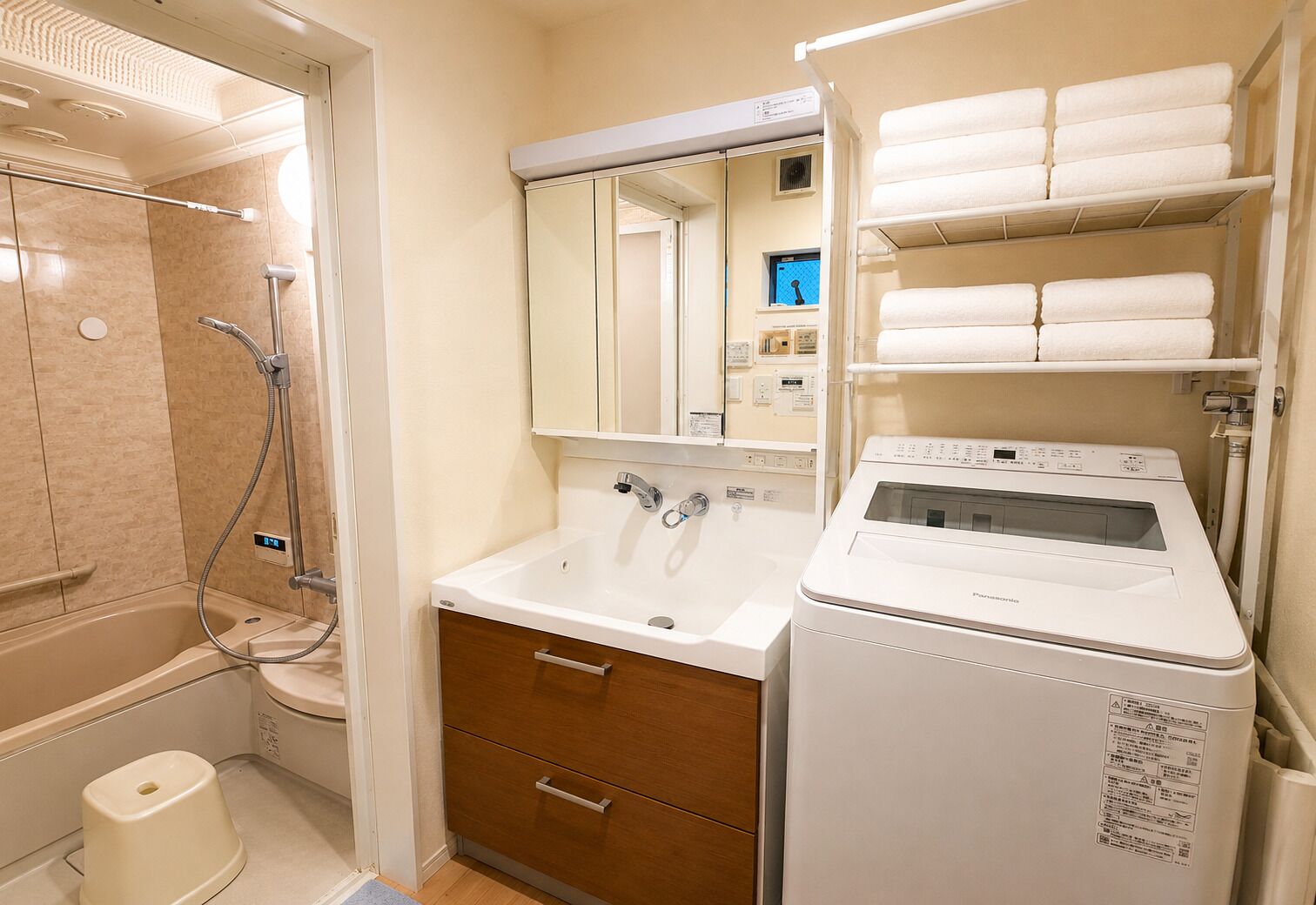 Hair dryer, bidet, towels, soap