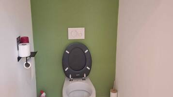 Et badeværelse med toilet, toiletpapir, en håndtørrer og et billede på væggen.