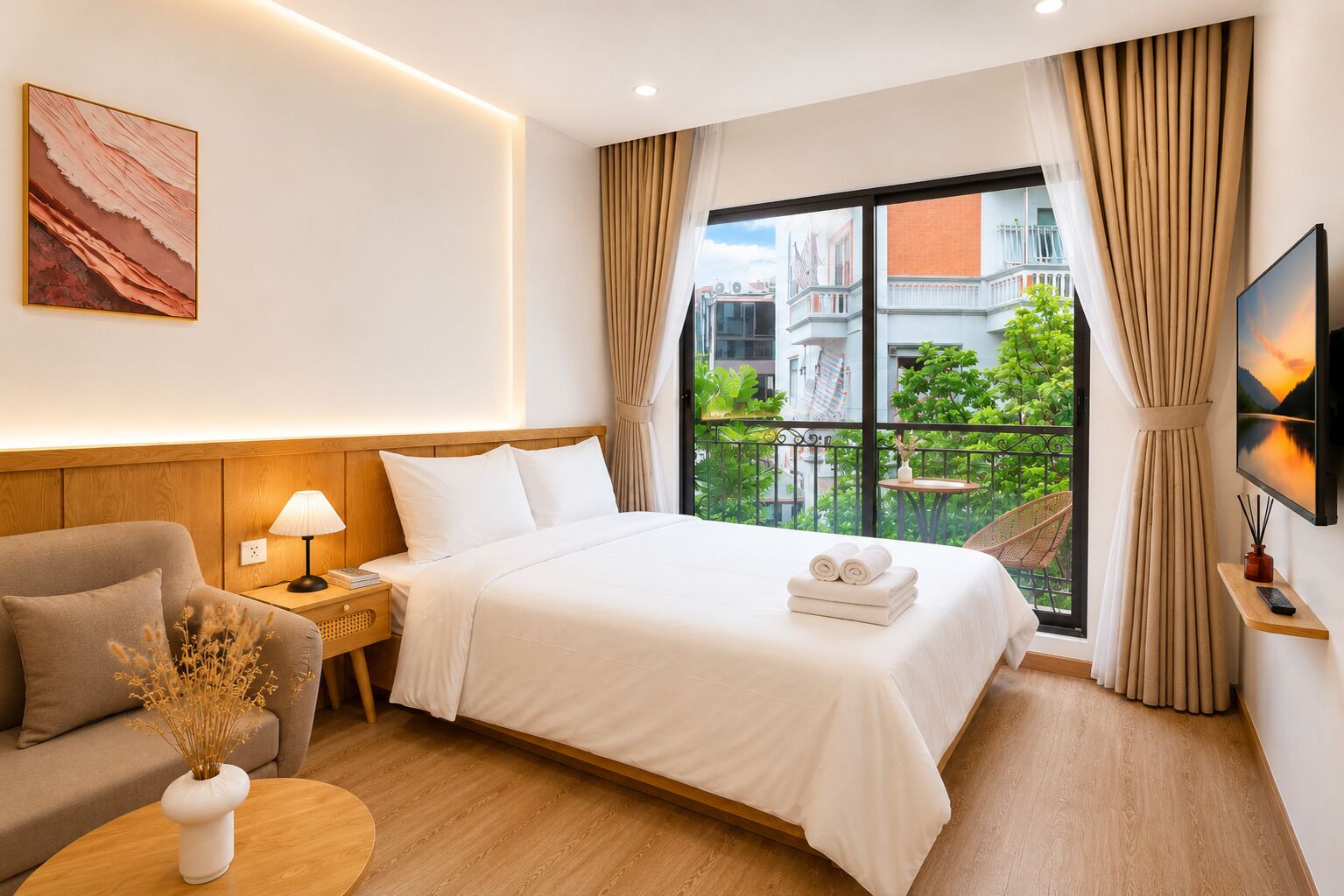 A hotel room with a bed, a sofa, a nightstand, a lamp, a TV, and a view of the outside.