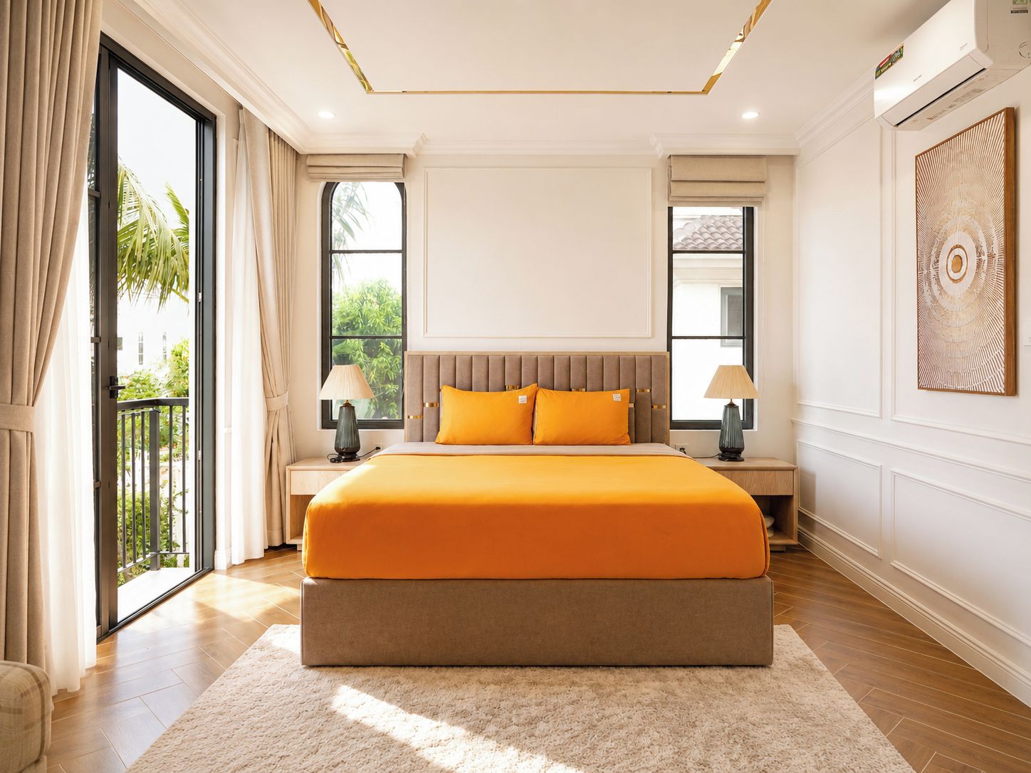 A spacious bedroom with a large bed, two bedside tables, and a view of greenery outside.