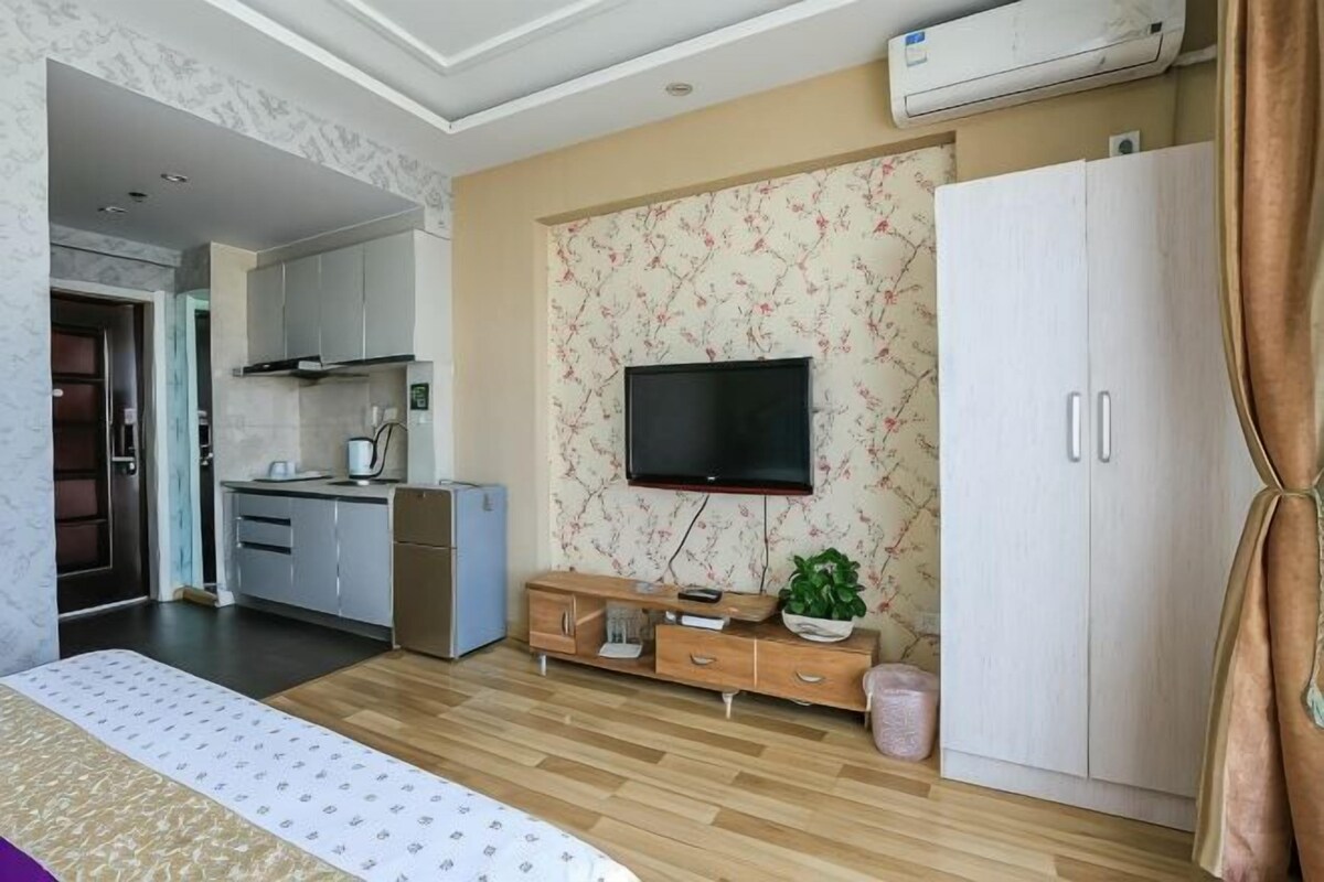 Un dormitorio con cama, televisor, armario y kitchenette.
