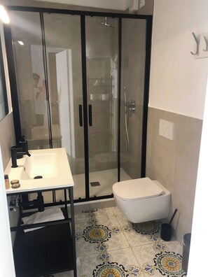 Douche, sèche-cheveux, serviettes fournies, savon