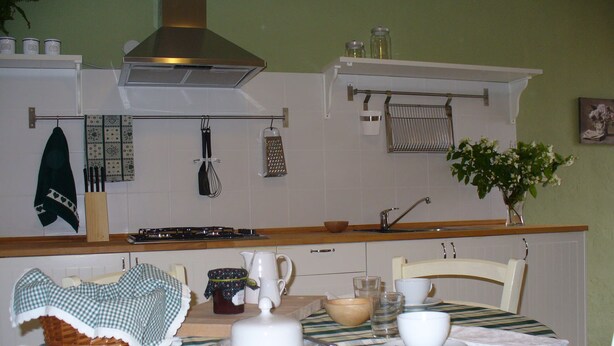 A kitchen with a stove, sink, and various utensils. There is a dining table with a checkered tablecloth and chairs. - Bright apartment in the heart of Vicenza's historic center (Vicenza)