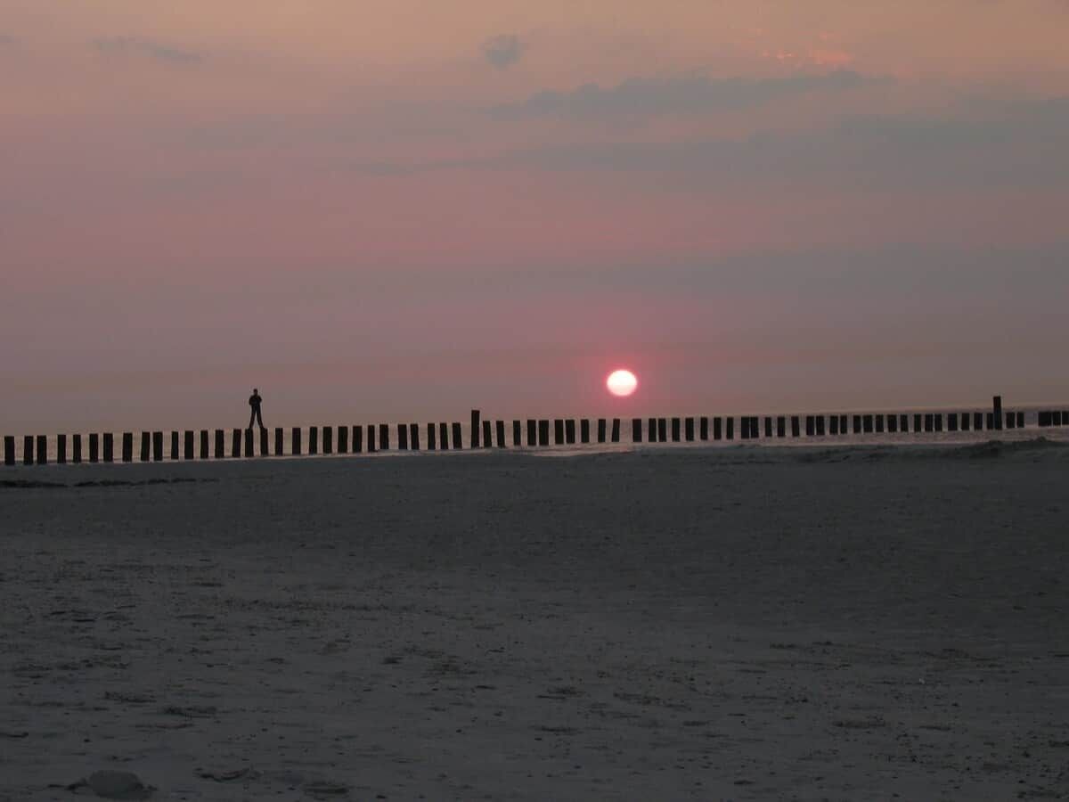 Une plage où l’on voit une personne se promener le long d’une jetée en bois.