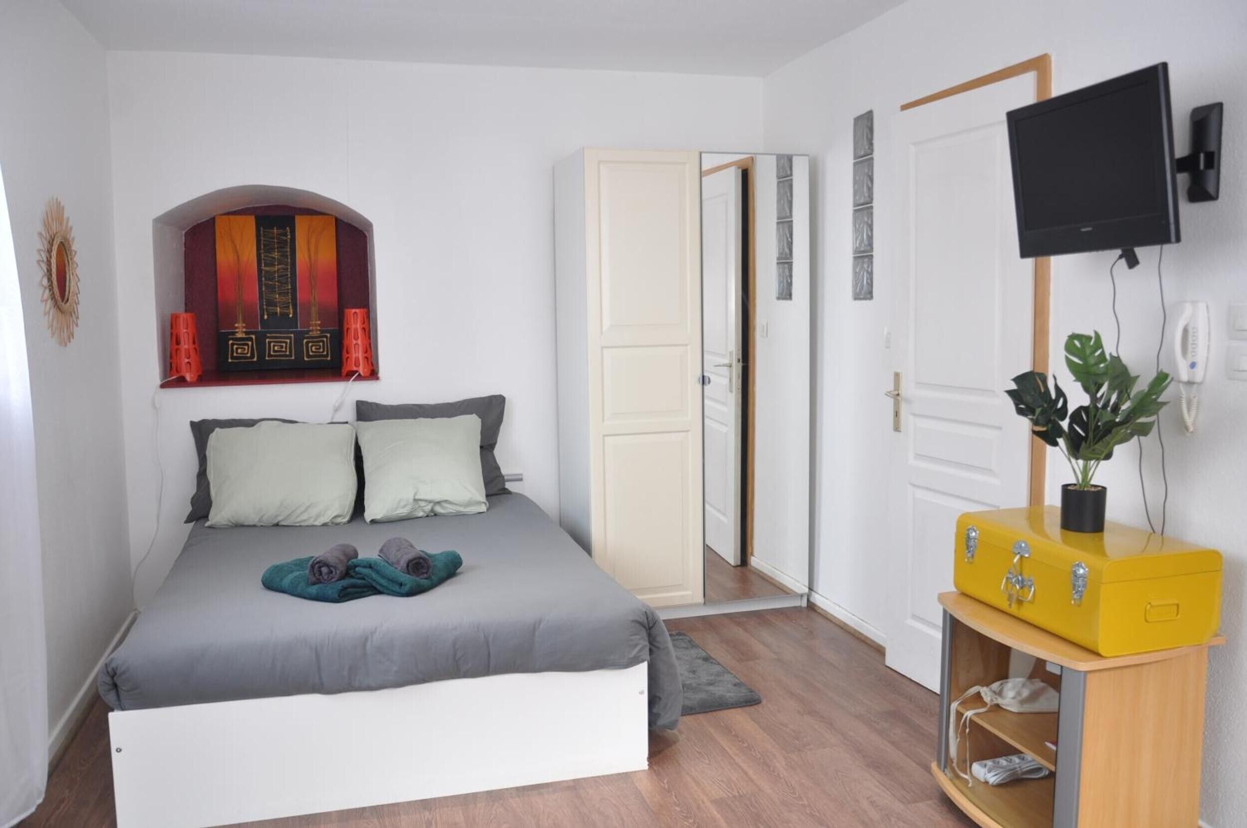 Un dormitorio con cama, armario, televisor y una planta pequeña.