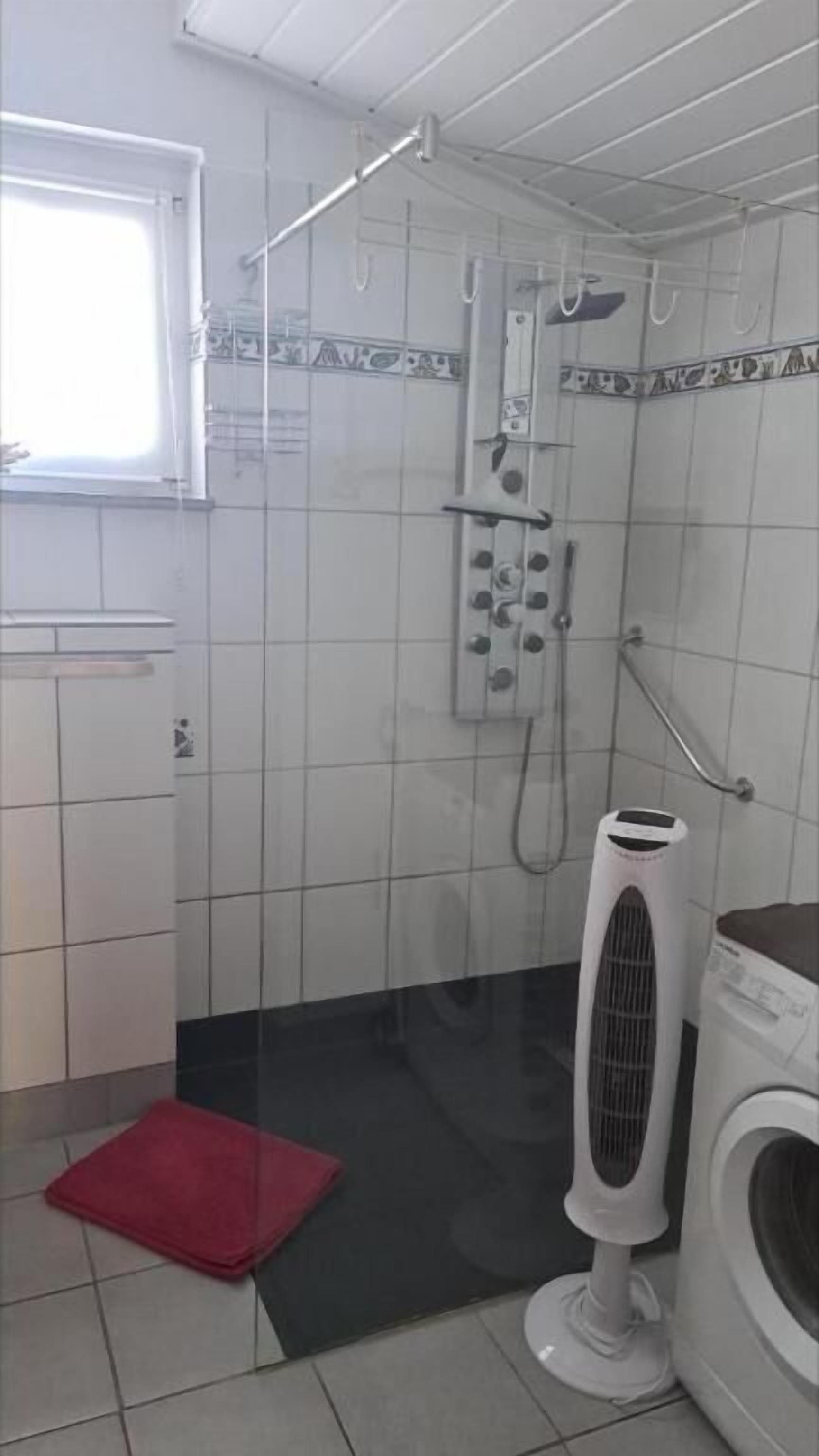 Klassiek appartement | Badkamer | Een douche, een haardroger, handdoeken, toiletpapier
