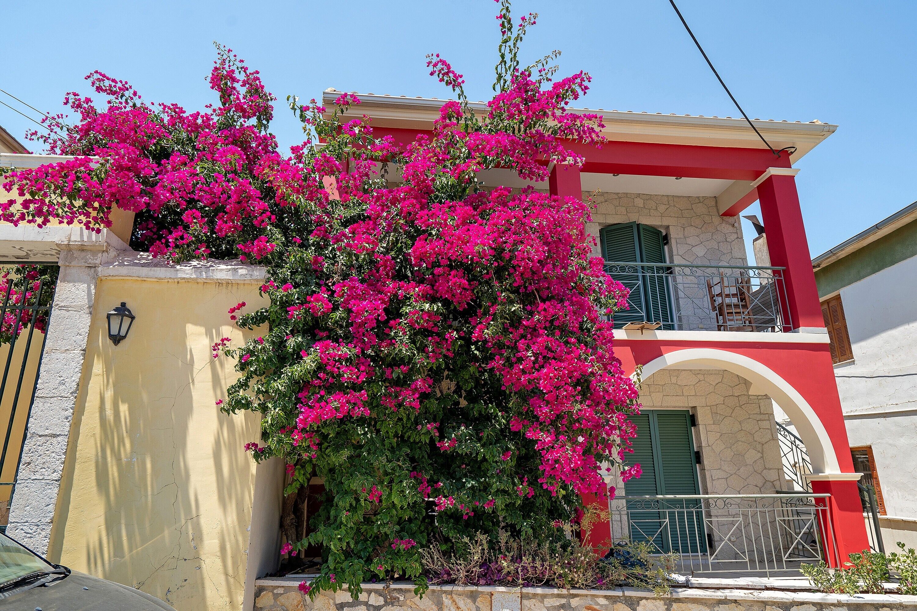 Un bâtiment doté d’un balcon et agrémenté d’une magnifique plante de bougainvillier aux couleurs vives.