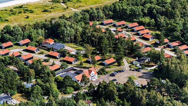 Vista aérea de una zona residencial con casas, una playa y un área boscosa.