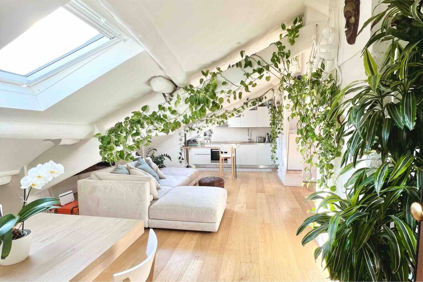 Ein Loftsessel-Wohnraum mit hohen Decken, einer Küchenzeile und zahlreichen Zimmerpflanzen.