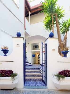 Entrada de un edificio con una verja azul, una escalera con baldosas decoradas y plantas en macetas a ambos lados.