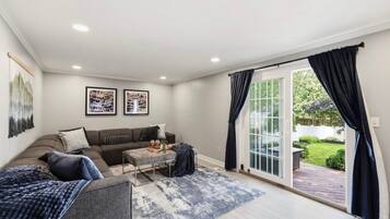 Smart TV, fireplace, books