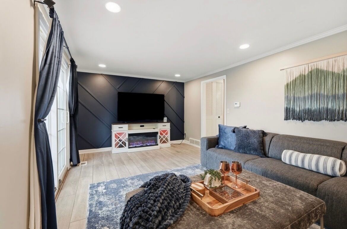 Smart TV, fireplace, books