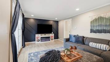 Smart TV, fireplace, books