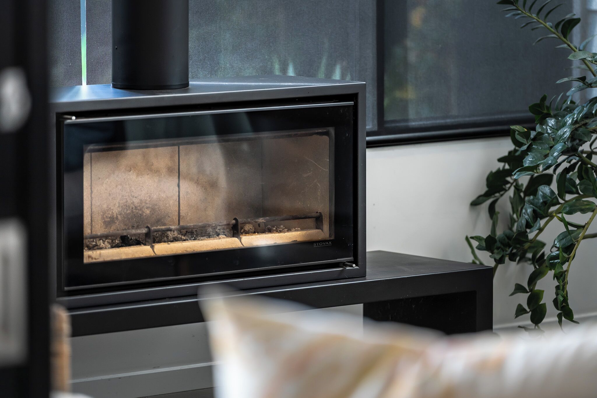 Une cheminée moderne à façade vitrée, placée dans un salon, avec une plante en pot à côté.