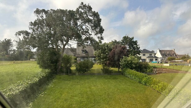 Een woonwijk met huizen, een gazon en bomen.