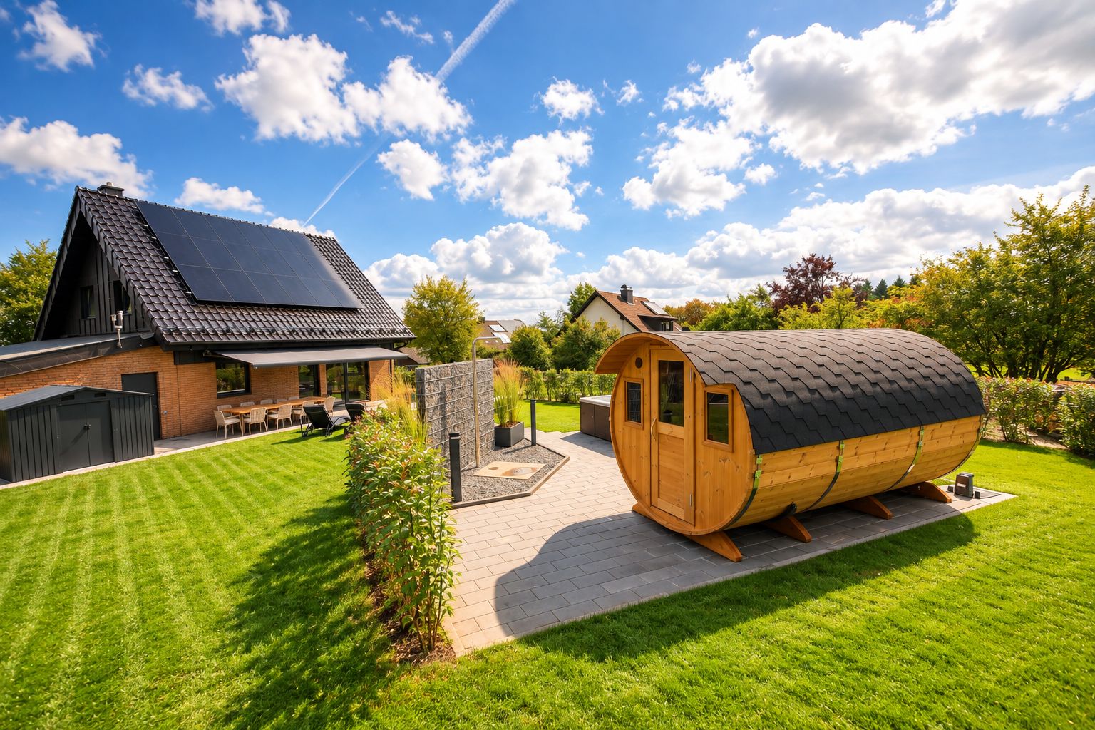 Ein modernes Haus mit Sauna, Solardach und einem gepflegten Rasen.