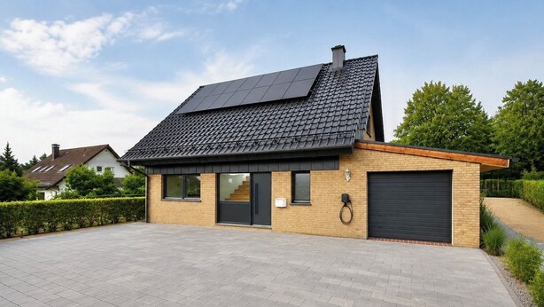 A modern house with a sloped roof, a garage, and a paved driveway. - Vennchalet - Vacation Home for 8 People with a Sauna and Hot Tub (Monschau)
