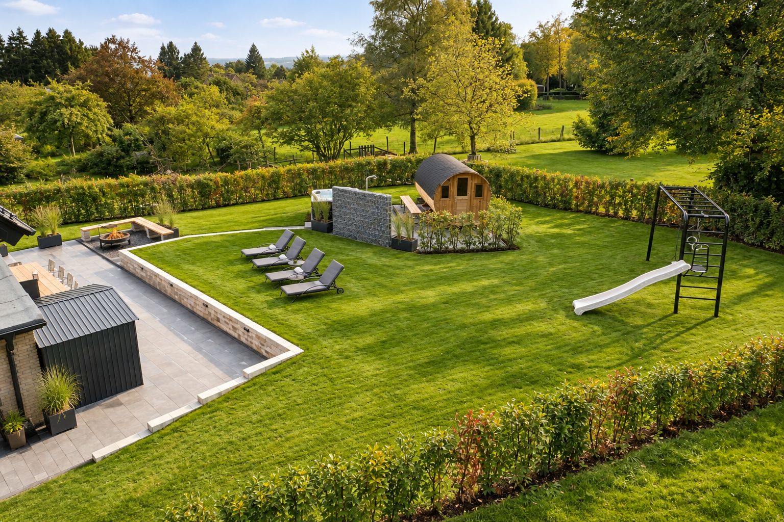 A well-maintained garden with a wooden playhouse, a swing set, and a seating area with lounge chairs.