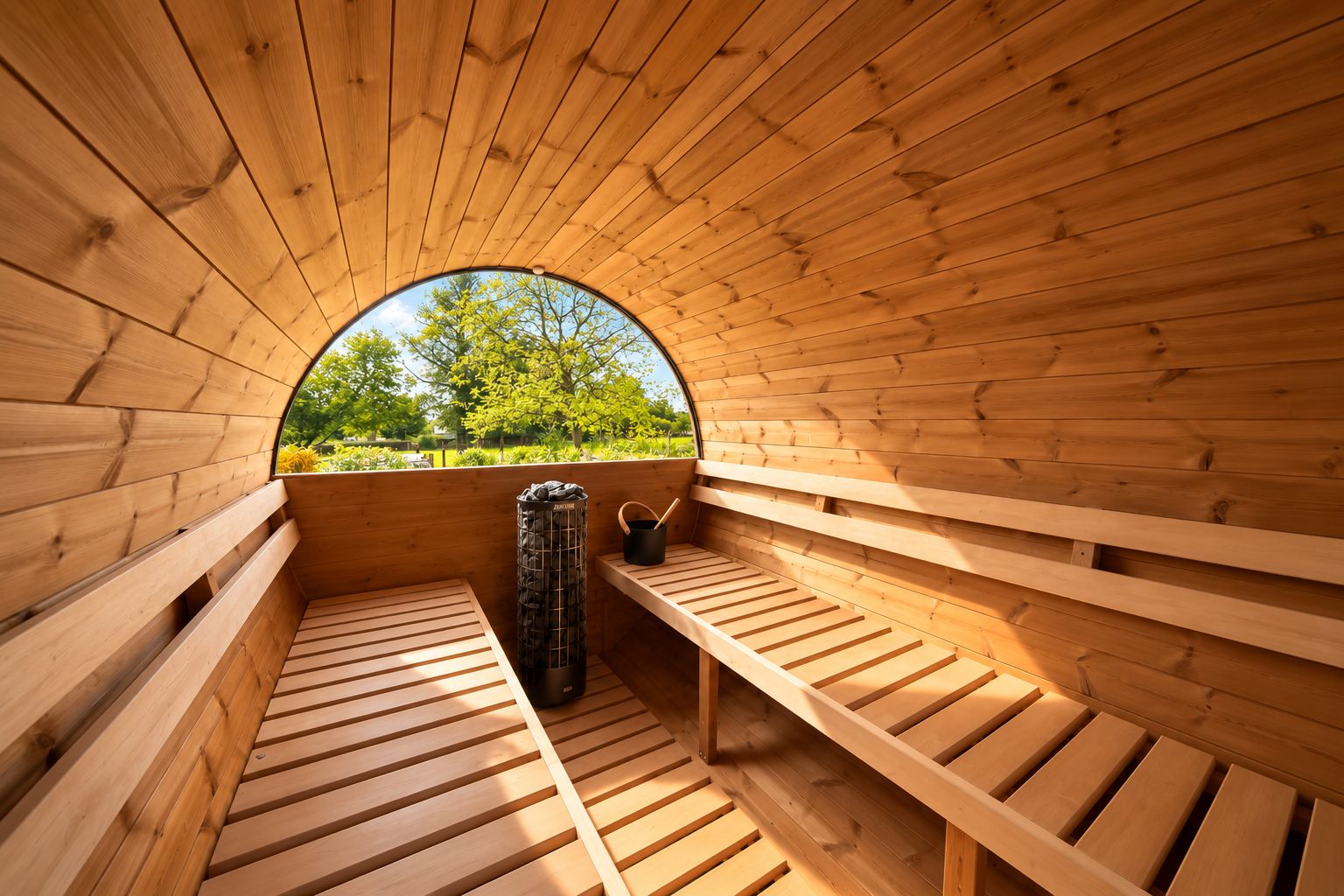 Eine Sauna mit Holzbänken und einem Fenster mit Blick ins Grüne.