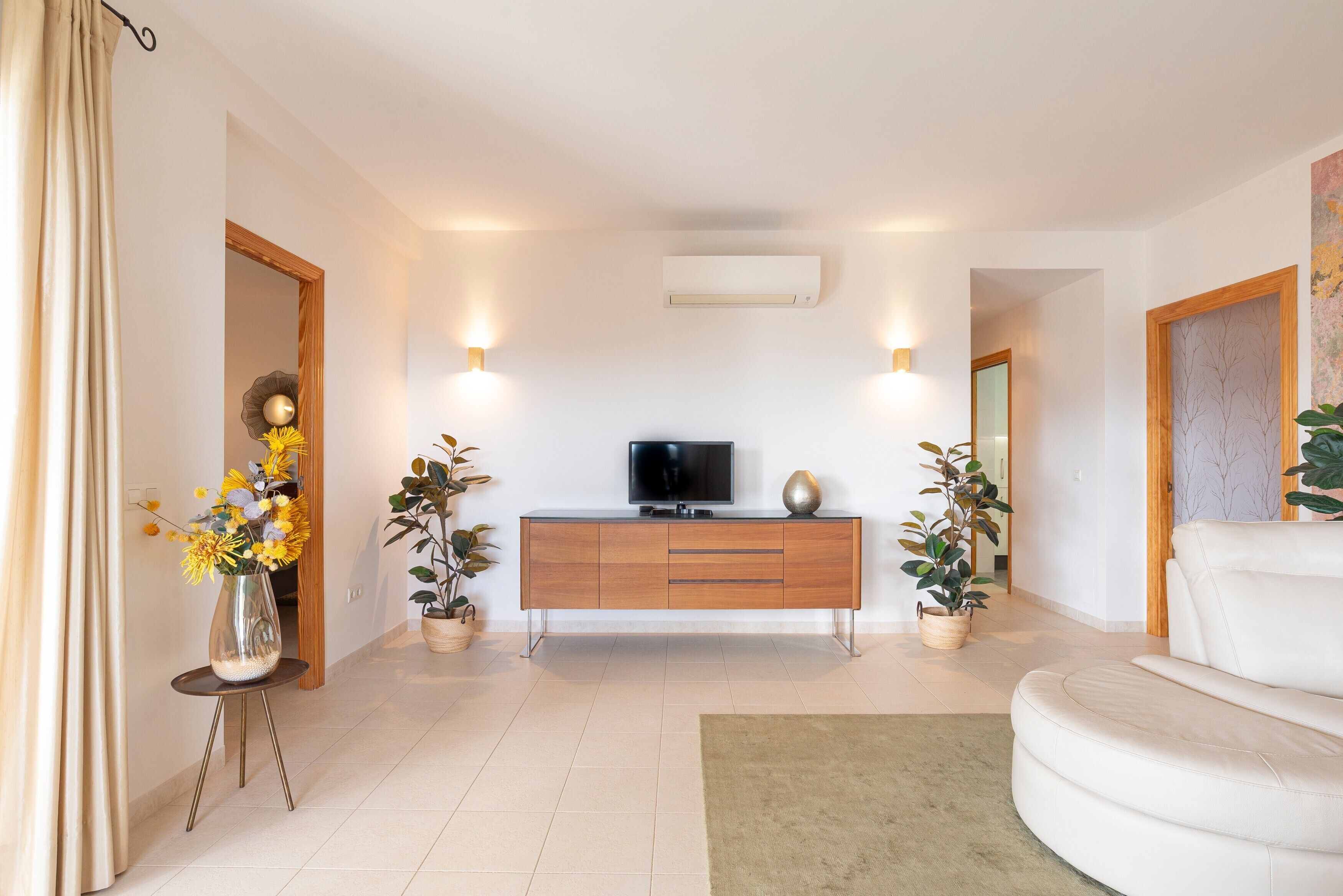 Una sala de estar moderna con un sofá, un televisor sobre un mueble de madera, dos plantas en macetas y un jarrón decorativo.