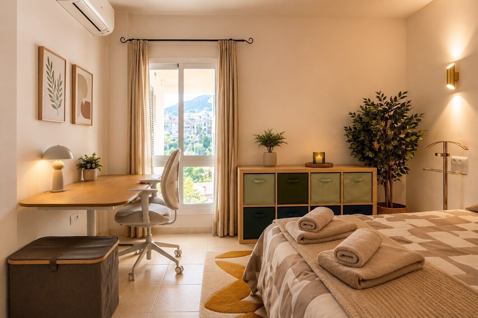 A bedroom with a bed, a desk, a chair, a wardrobe, a plant, and a view of the outdoors.