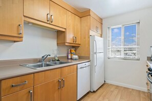 Eine Küche mit Holzausstattung, einer Edelstahlspüle, einem weißen Geschirrspüler und einem Fenster mit Jalousien.
