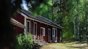 A red wooden cabin with a metal roof, surrounded by trees and a grassy yard. - Yöveden Ateljeekoti (Mikkeli)