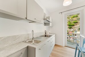 Una cocina moderna con pileta, encimera y alacenas.
