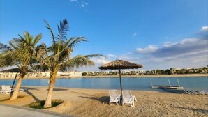 Une plage bordée de palmiers, une piscine et des chaises longues.