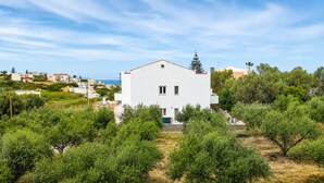 A white building with a simple design, surrounded by greenery and other buildings in the background. - Zidros Apartments Maisonette Apartment 4 (Sfakaki)