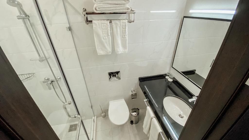 A modern bathroom with a glass shower enclosure, a toilet, a sink, and a towel rack.