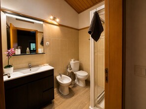 Regadera, secadora de cabello, bidet, toallas