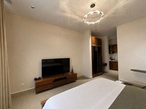Una habitación de hotel moderna con una cama grande, un televisor sobre un soporte de madera, un vestidor y una kitchenette.