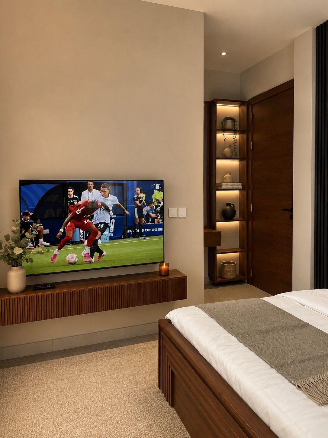 A modern hotel room with a large flat-screen TV mounted on the wall, a wooden bed frame, a bedside table with a vase and a candle, and a built-in shelf with decorative items.