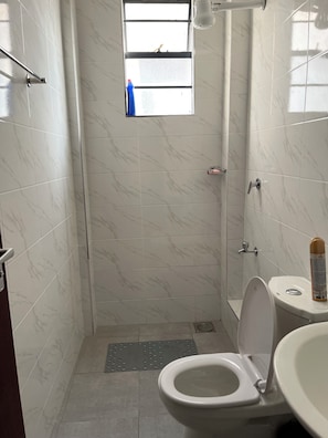 Un baño con inodoro, bidé, zona de ducha y ventana con vistas.