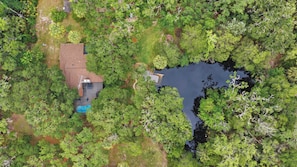 An aerial view of a house with a swimming pool, surrounded by dense greenery and a small pond.