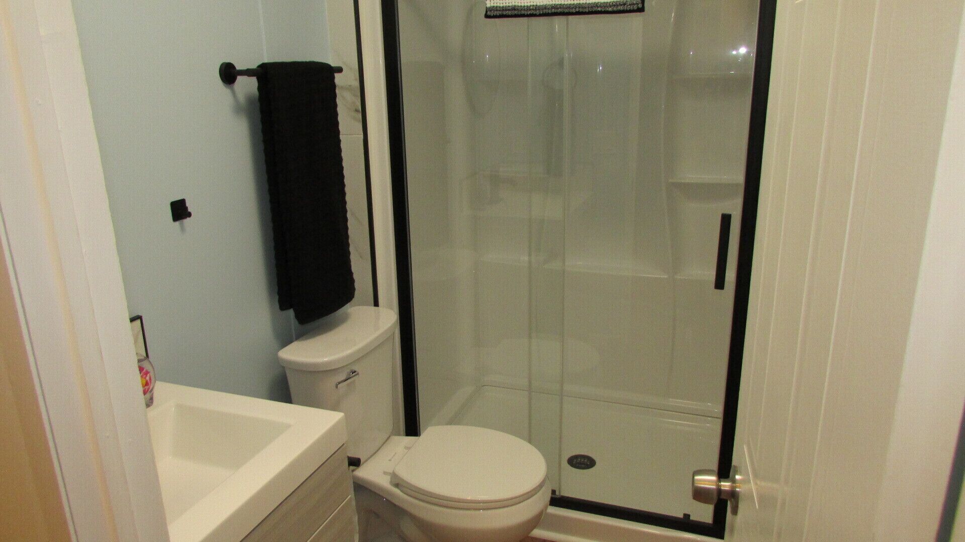 A bathroom with a toilet, a sink, and a glass-enclosed shower stall.