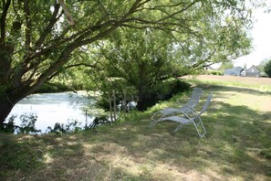 A grassy area with a tree and a chair. - Gîte le lit de la loire (Varennes-sur-Loire)