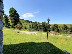 Eine Rasenfläche mit einer Steinmauer, Warnschildern und blauem Himmel.