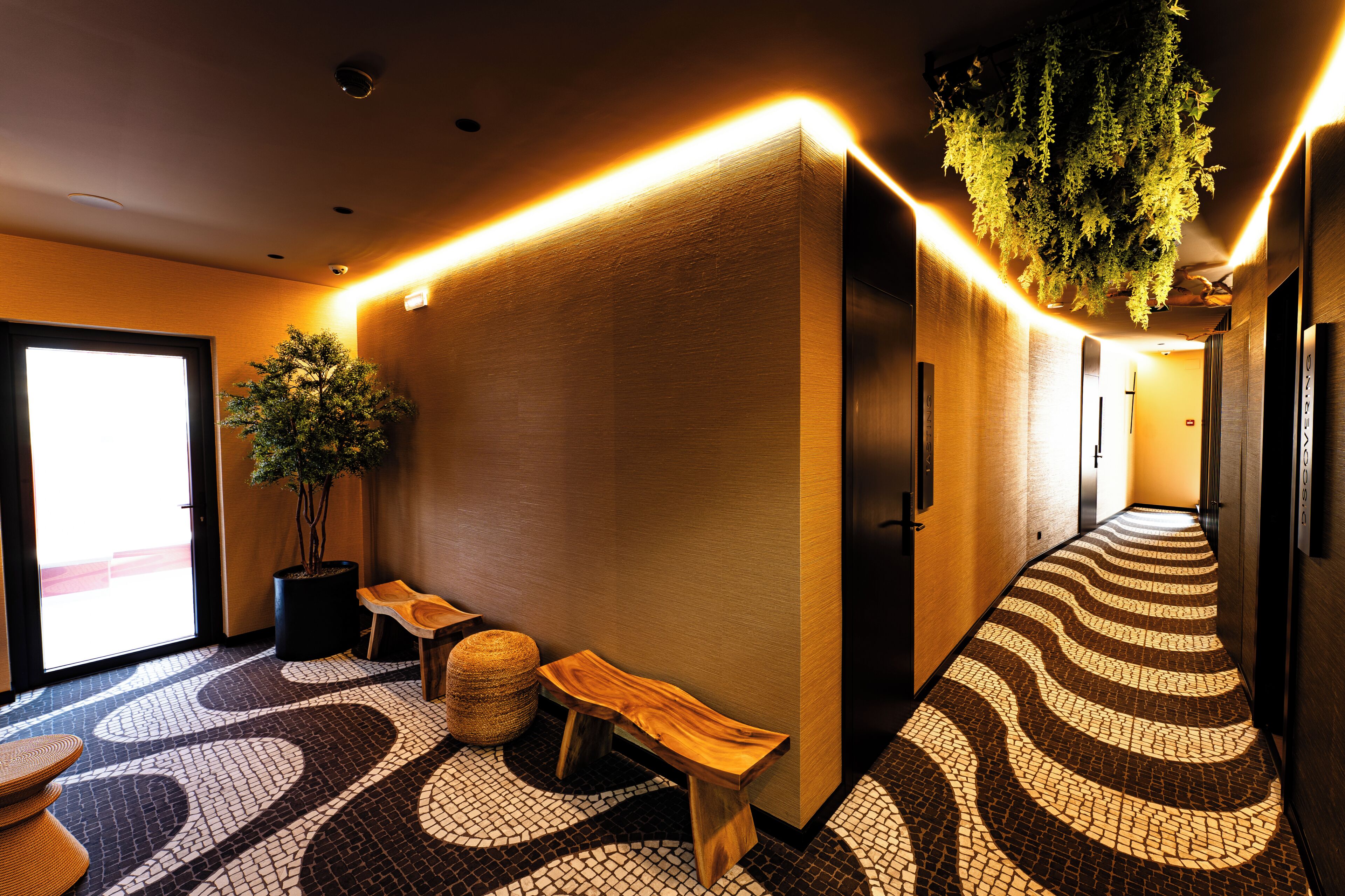 A hotel corridor with a patterned floor, a reception desk, a potted plant, and a wall-mounted sign.
