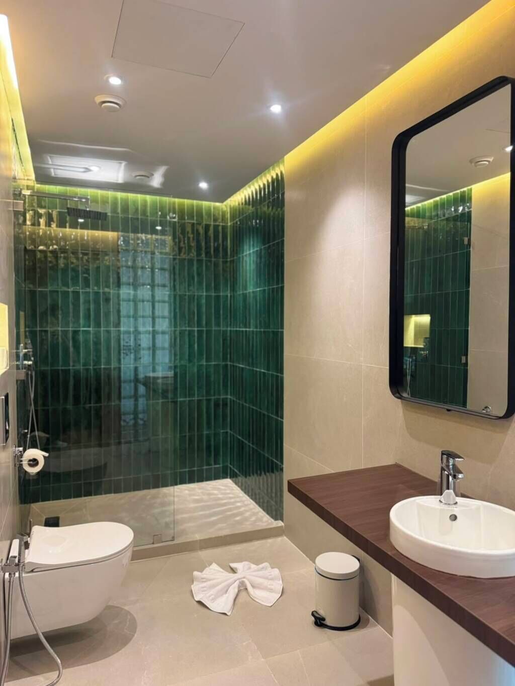 A modern bathroom with a glass-enclosed shower, a white sink, and a mirror.