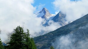 A mountain landscape with snow-capped peaks, dense forest, and clouds.