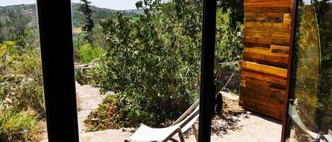 A view through a window with a wooden bench and a stone pathway leading to a lush garden.