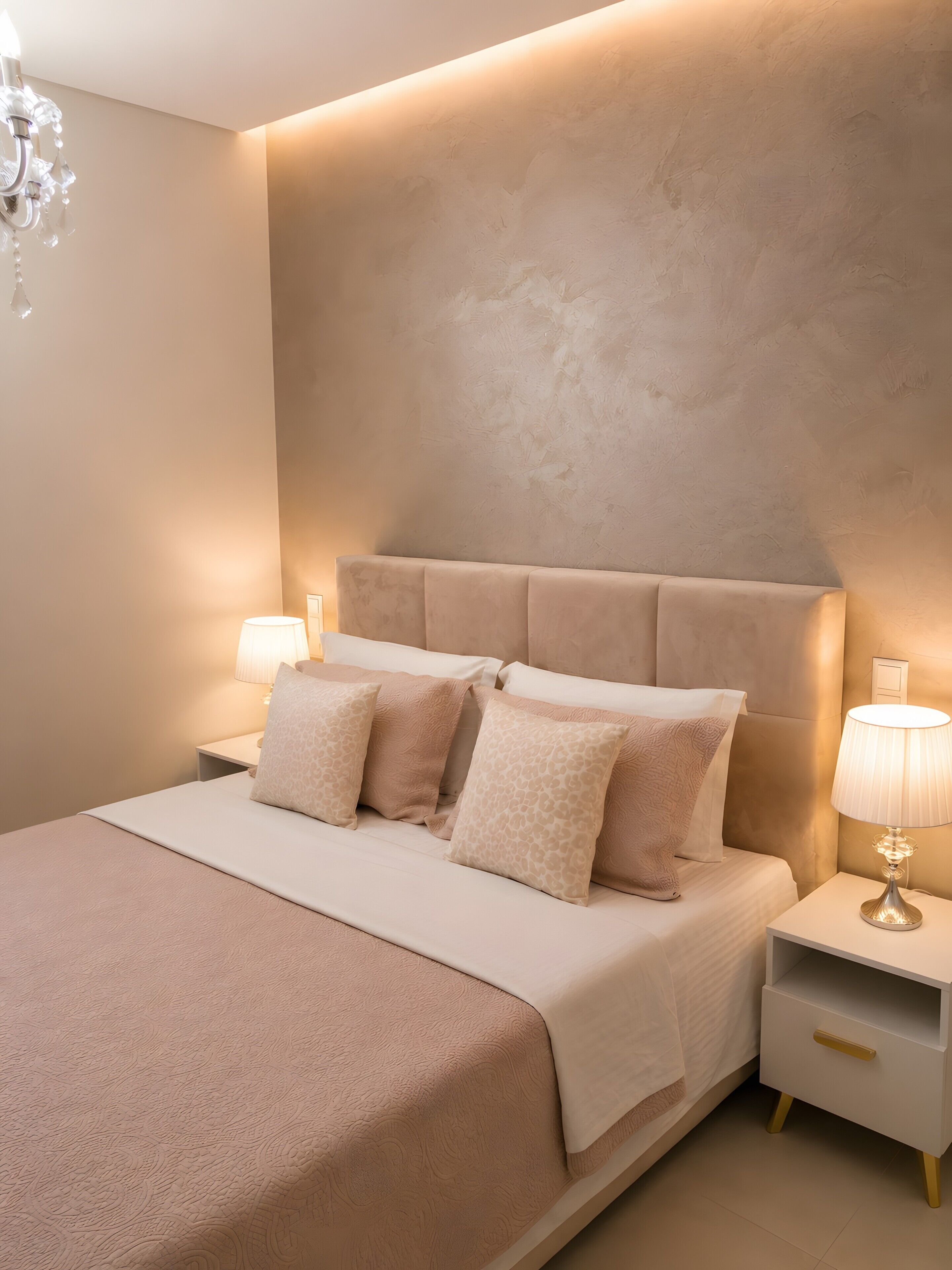 Un dormitorio con una cama grande, dos mesitas de noche con lámparas y una pared con textura.