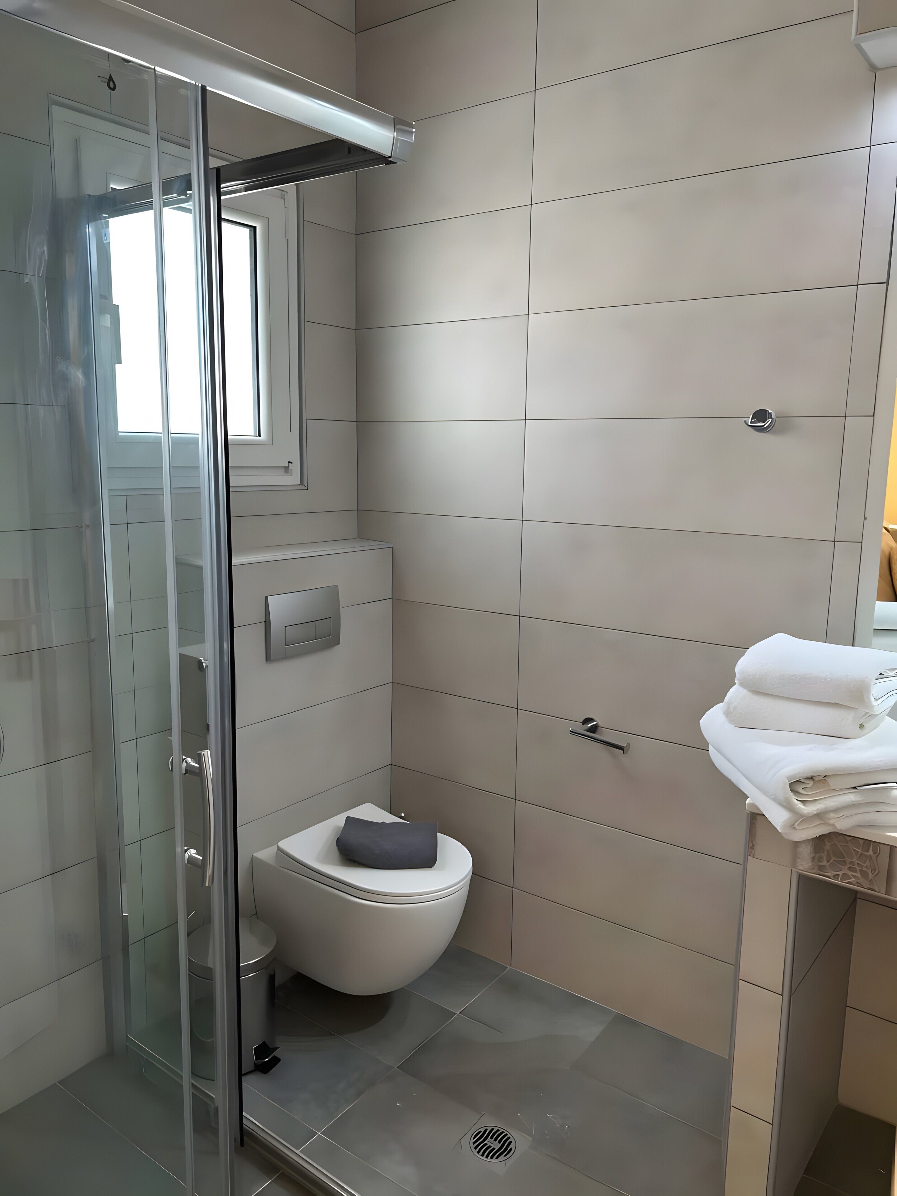 Un bagno moderno con cabina doccia in vetro, un WC e un angolo lavabo con asciugamani.
