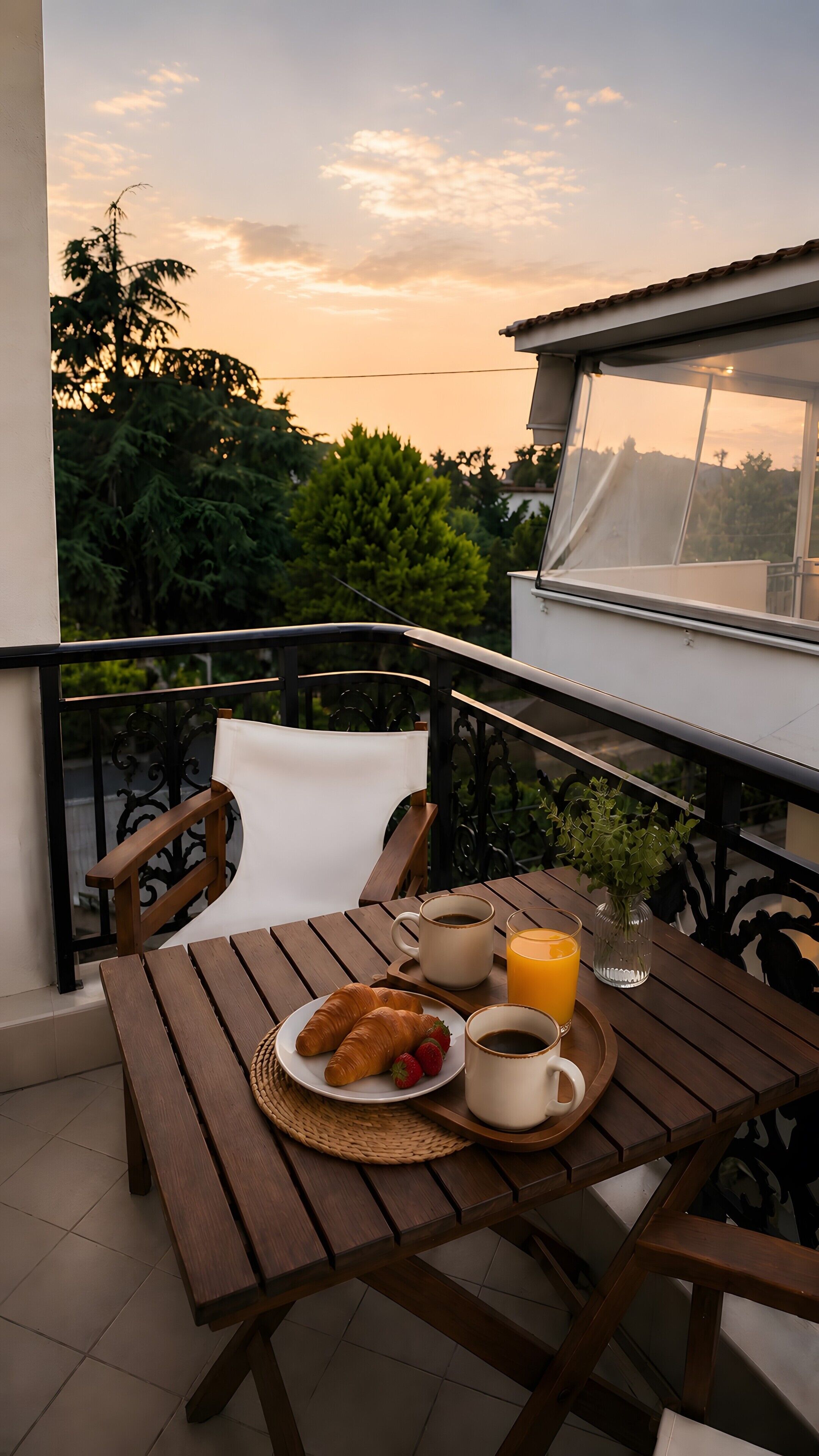 A wooden table with breakfast items, a chair, and a view of trees and a sunset.
