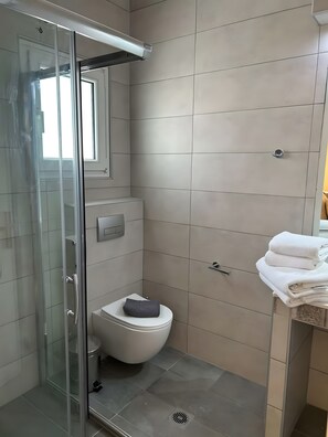 Ein modernes Badezimmer mit Duschkabine aus Glas, Toilette und Handtuchhalter.